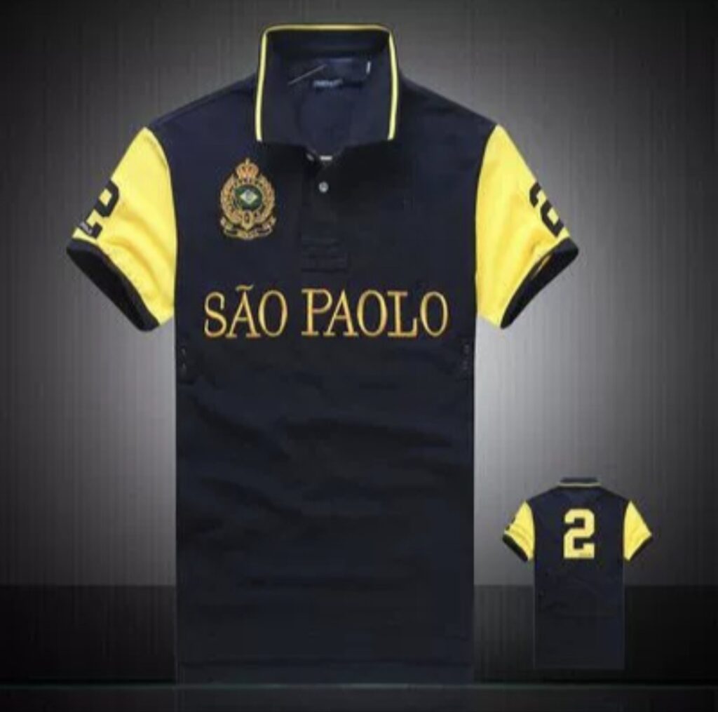 Navy Knit Polo with Yellow Contrast Sleeves and Embroidery