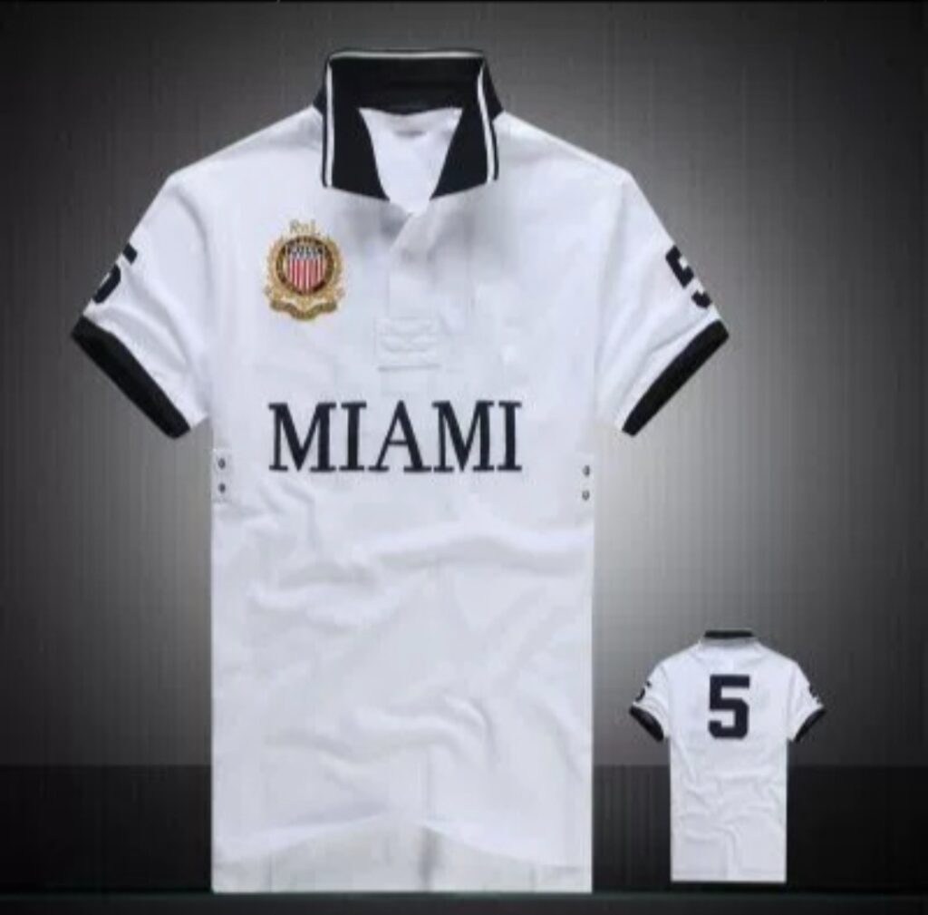 White Knit Polo with Multi-Contrast Collar and Number Graphic
